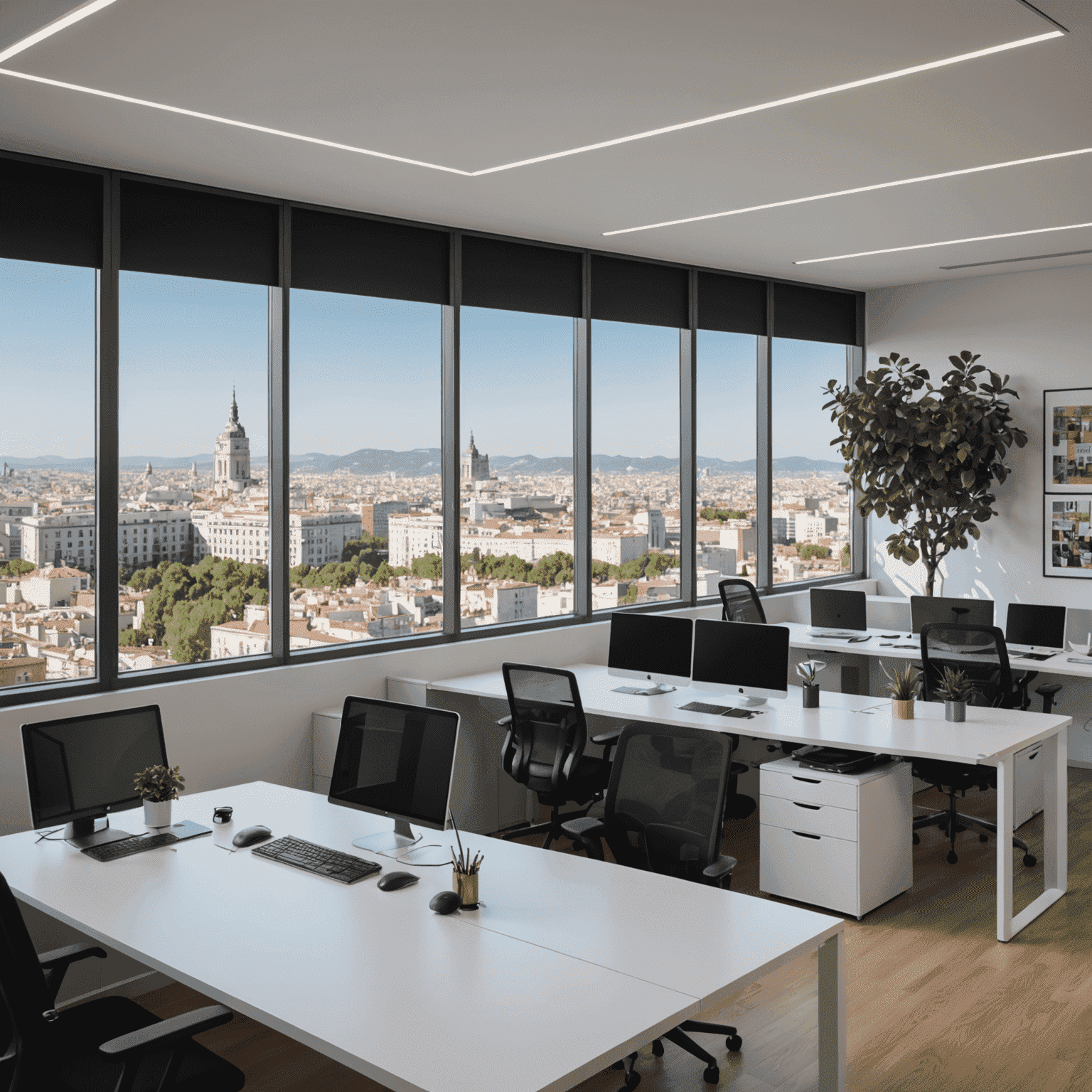 Imagen de la moderna oficina de DIGI en Madrid, mostrando un espacio de trabajo abierto y colaborativo con vistas panorámicas de la ciudad
