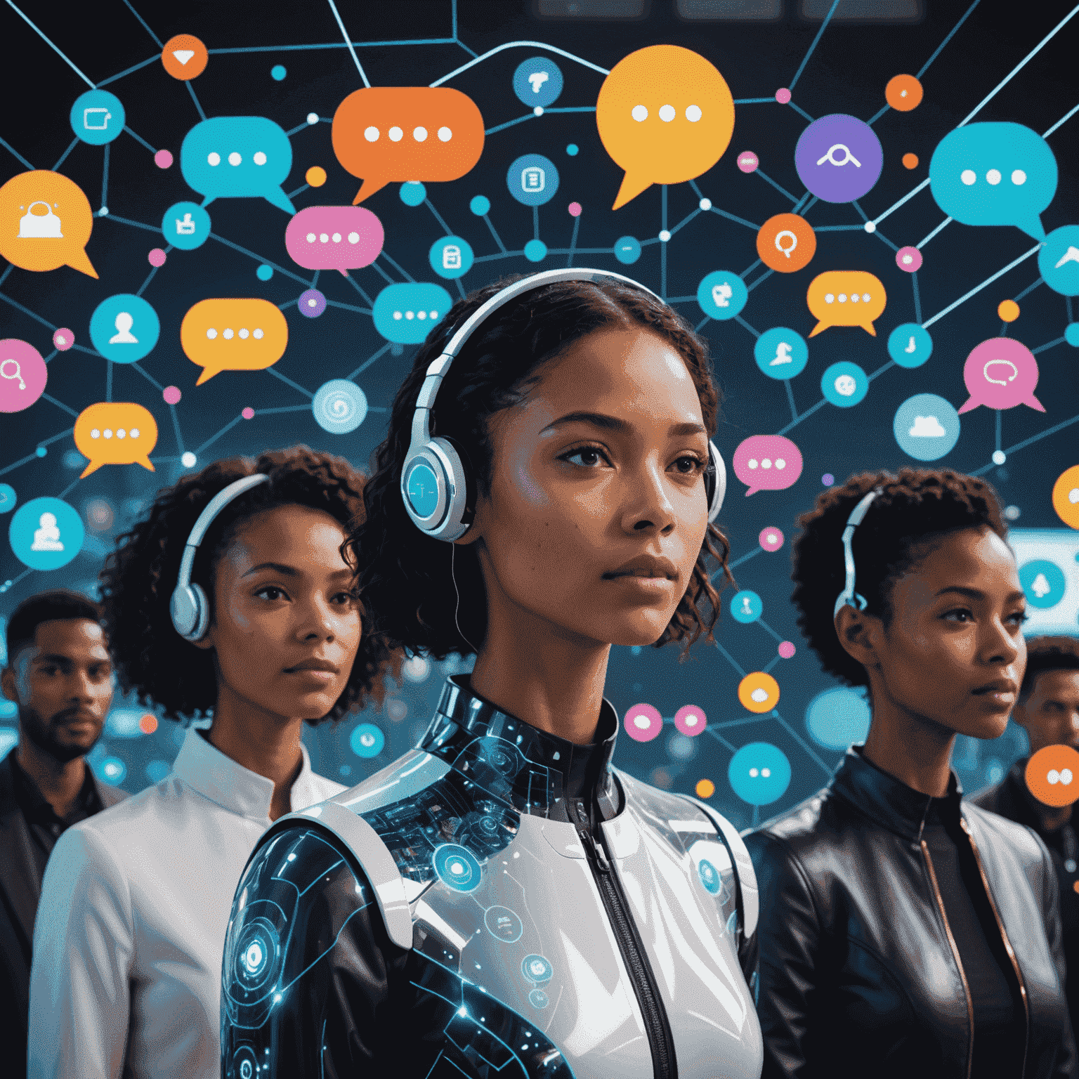 Representación visual de una interfaz de IA interactuando con clientes, mostrando avatares digitales y burbujas de chat en un diseño futurista