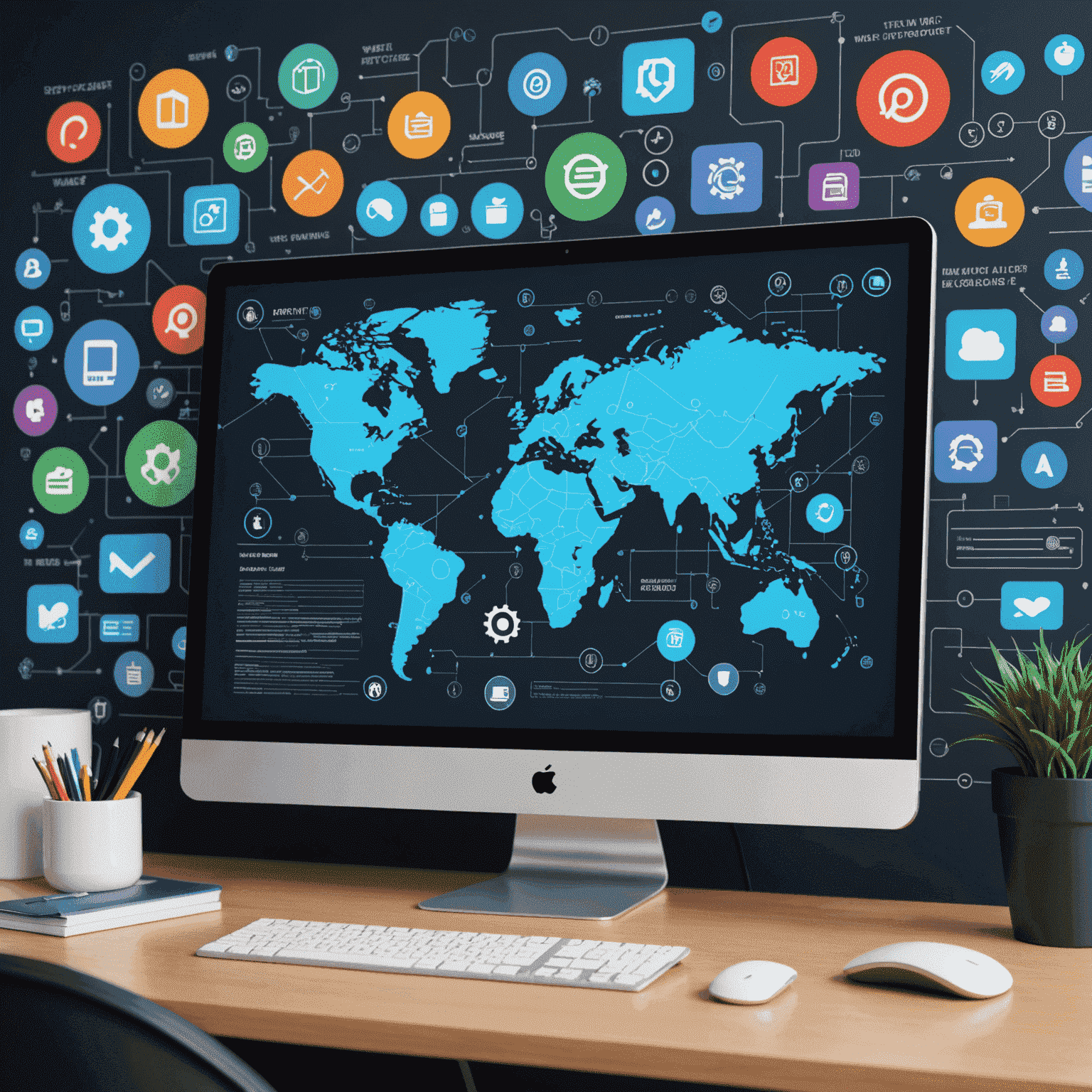 Imagen que muestra una pantalla de computadora con código de desarrollo web moderno, rodeada de iconos que representan las últimas tecnologías web