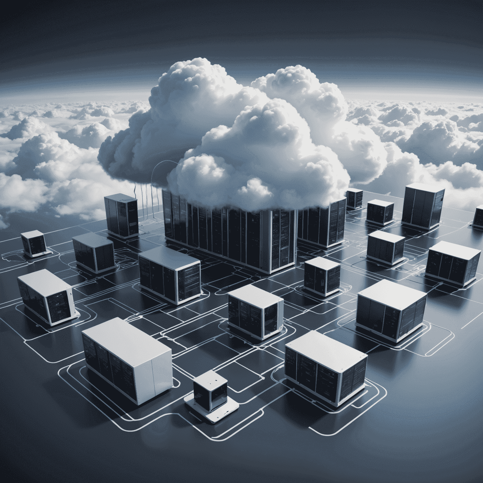 Representación visual de servicios en la nube, mostrando servidores interconectados y flujo de datos