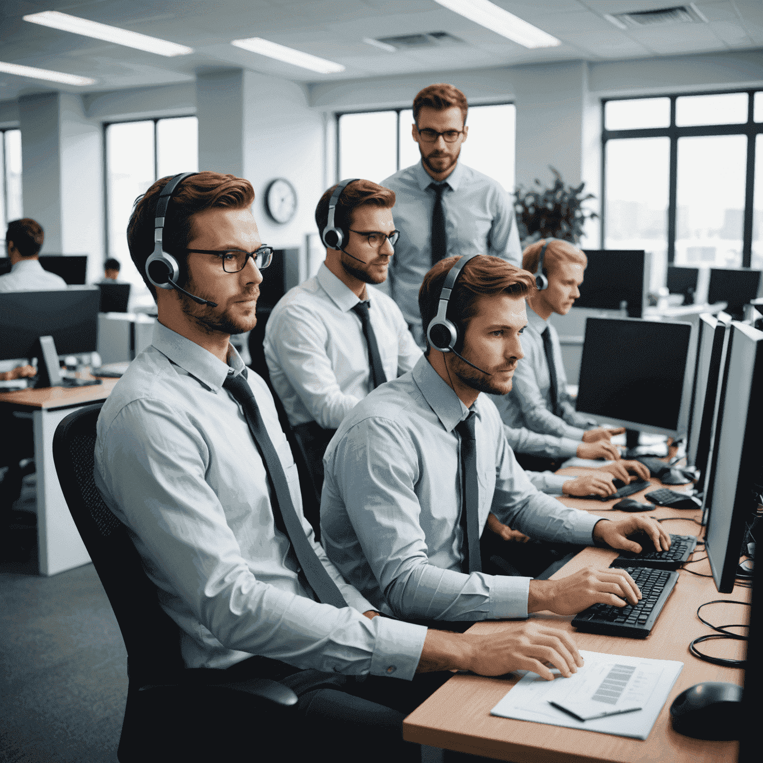 Equipo de soporte técnico trabajando en una oficina moderna, atendiendo llamadas y resolviendo problemas en computadoras