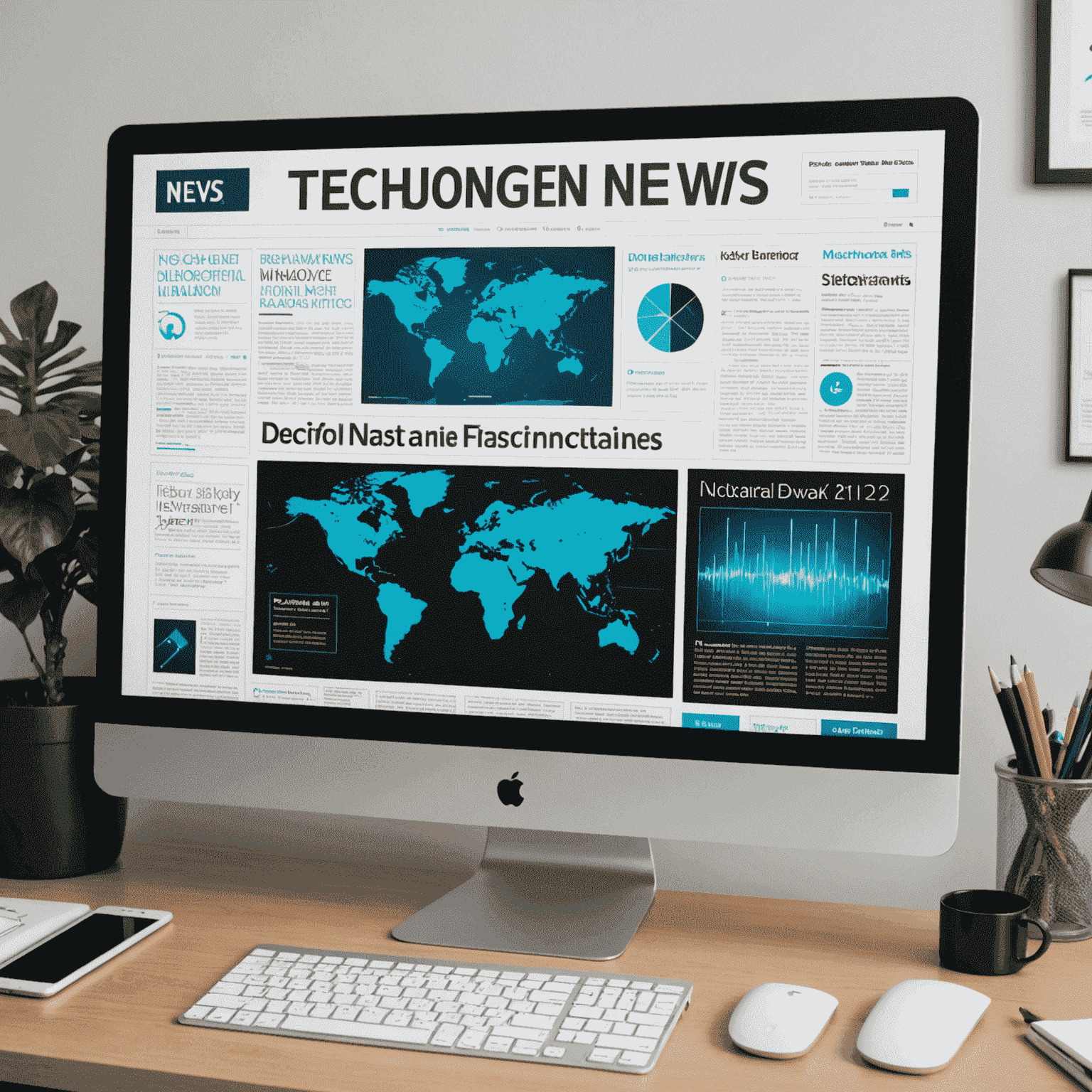 Imagen que muestra una pantalla de computadora con titulares de noticias tecnológicas y iconos de dispositivos electrónicos modernos