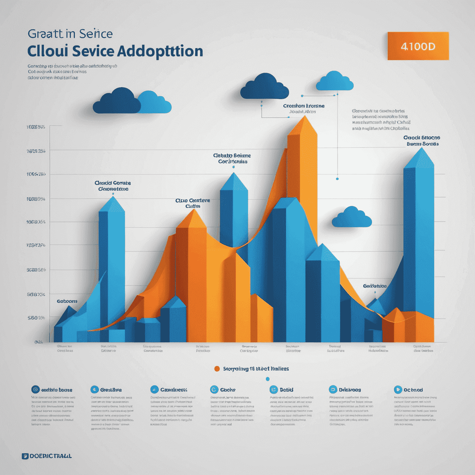 Gráfico que muestra el crecimiento de la adopción de servicios en la nube por industrias, con barras ascendentes para sectores como finanzas, salud, retail y manufactura