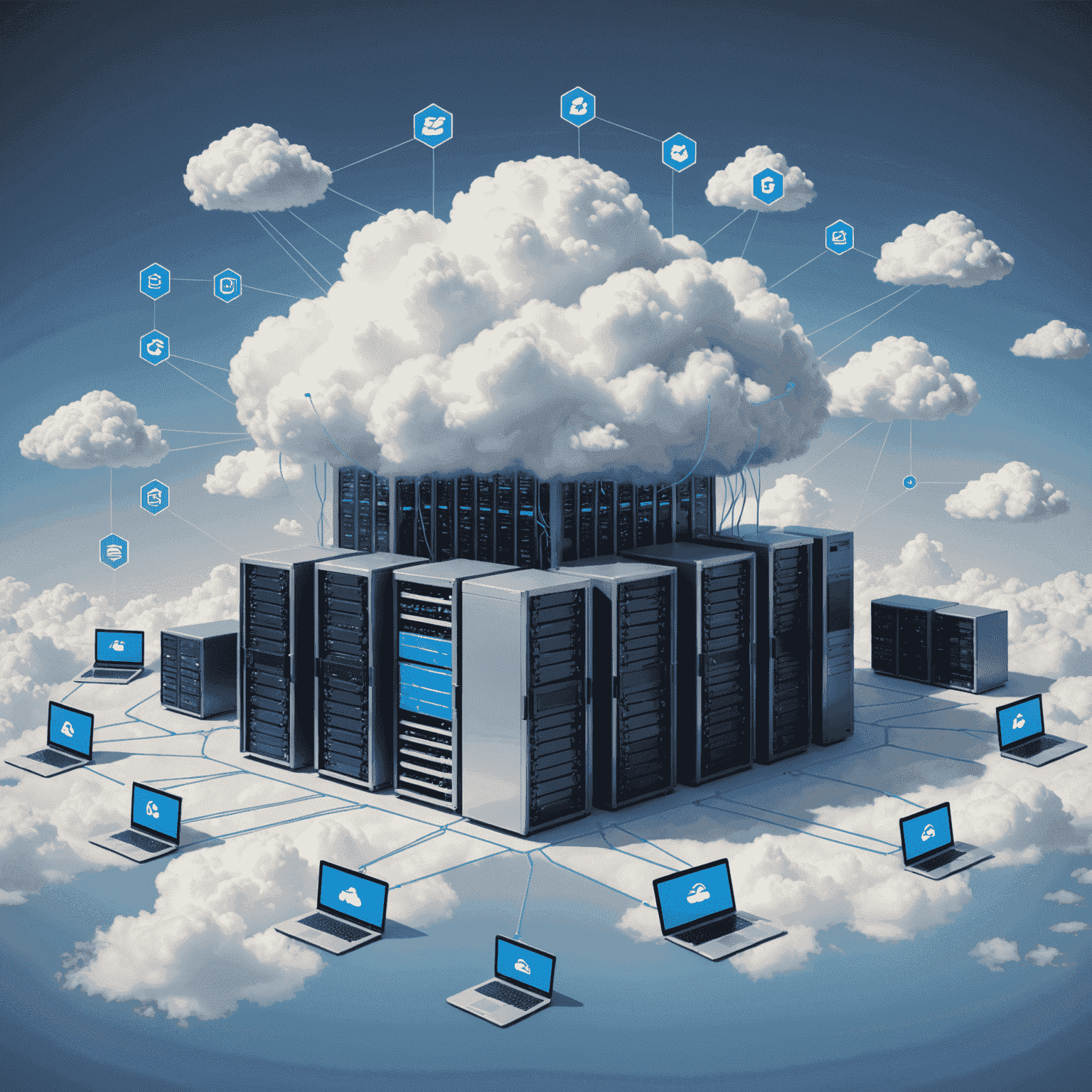 Representación visual de una infraestructura de nube con servidores, conexiones de red y iconos de almacenamiento de datos