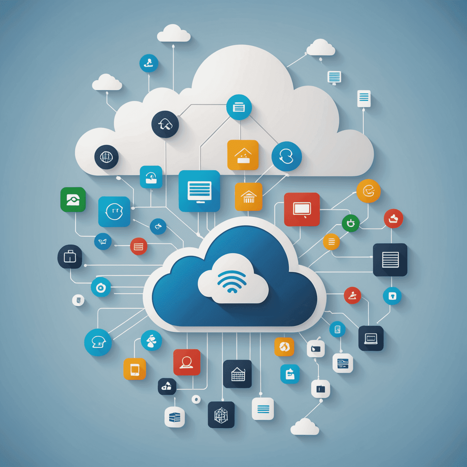 Imagen que muestra una nube con iconos de servidores, bases de datos y flechas que representan el flujo de datos en la computación en la nube