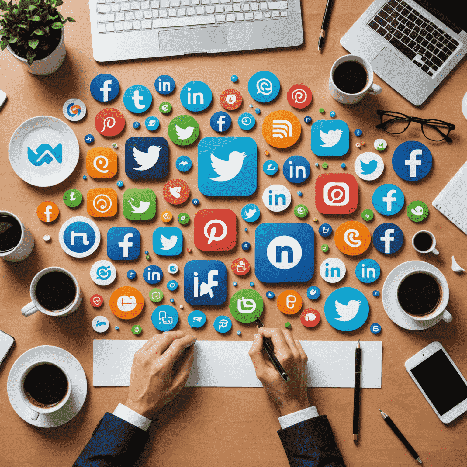 Collage de iconos de redes sociales, gráficos de análisis y dispositivos móviles representando estrategias de marketing digital