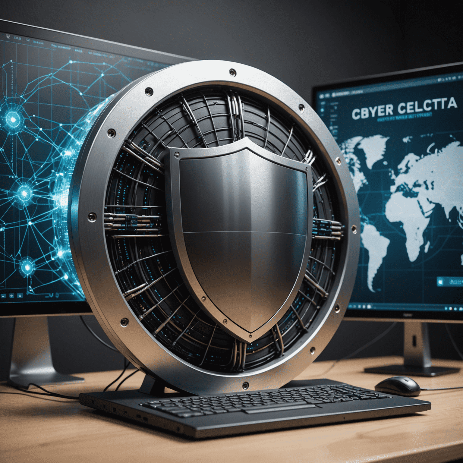 Imagen de un escudo protector sobre una red de computadoras, simbolizando la protección contra amenazas cibernéticas